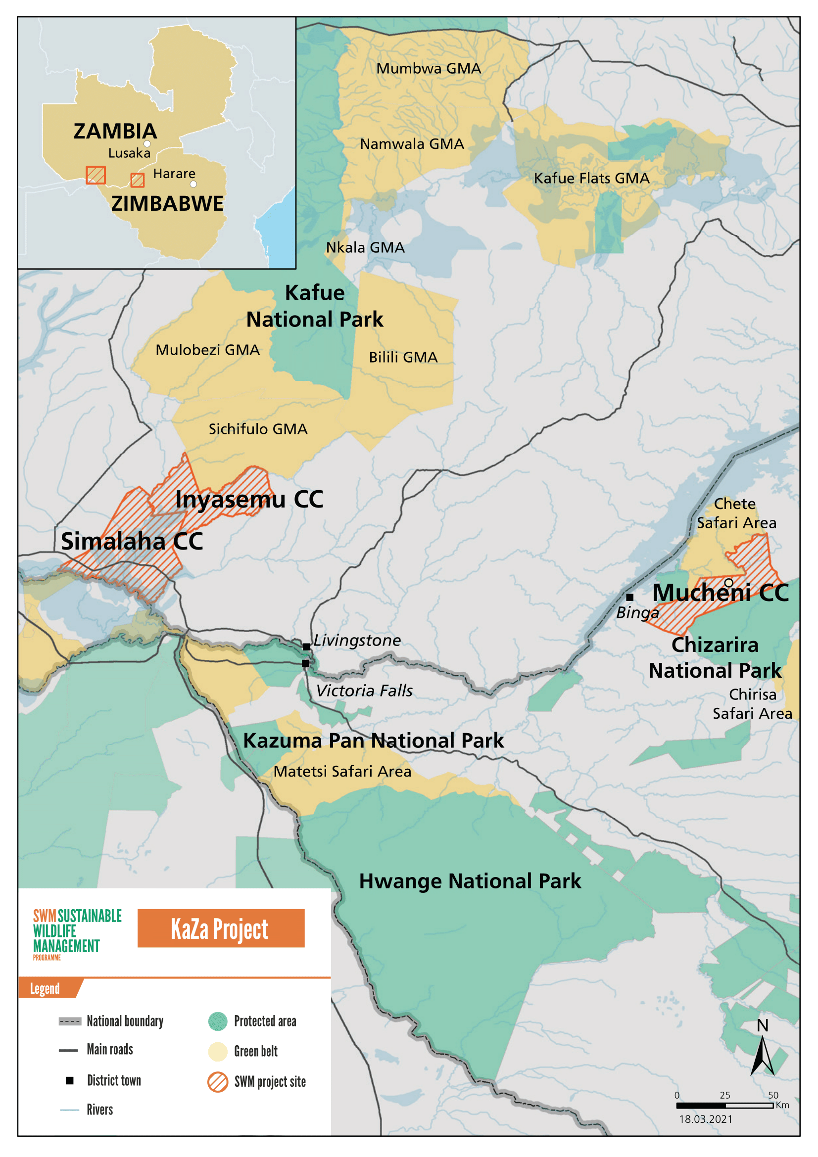 Carte des activités SWM dans la zone de conservation transfrontalière du Kavango-Zambèze (KAZA)